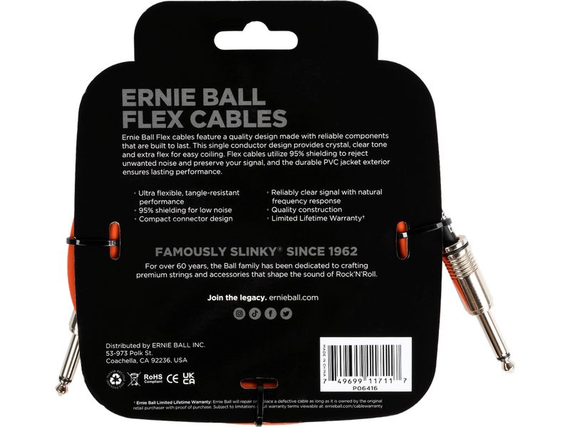 Ernie Ball Instrumentenkabel Flex 6416 – 3.05 m, Orange Flexibles Standardkabel für Instrumente
