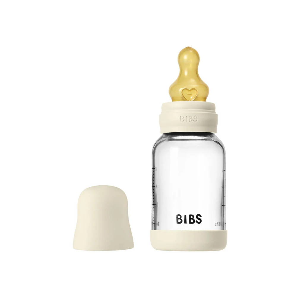 BIBS Glazen Babyfles - 120 ml - Ivory - met latex speen en opvouwbare trechtertje