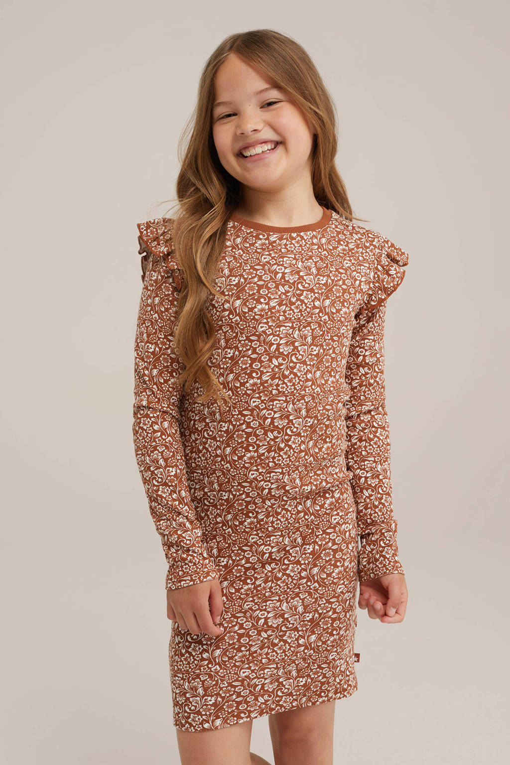 WE Fashion gebloemde jurk bruin/wit