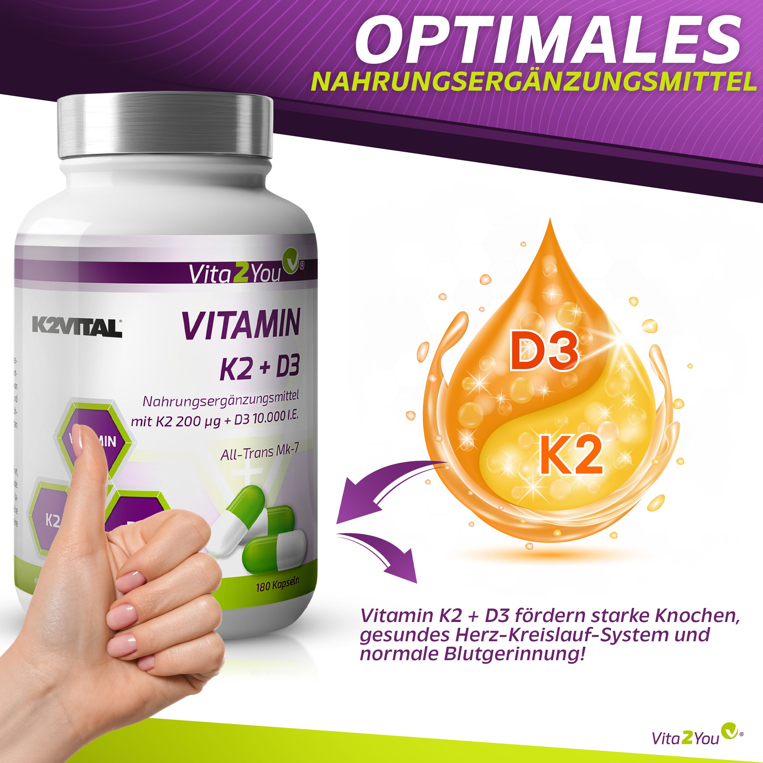 Vita2You Vitamin K2+D3 Kapseln 10.000 IE + K2 200μg K2VITAL