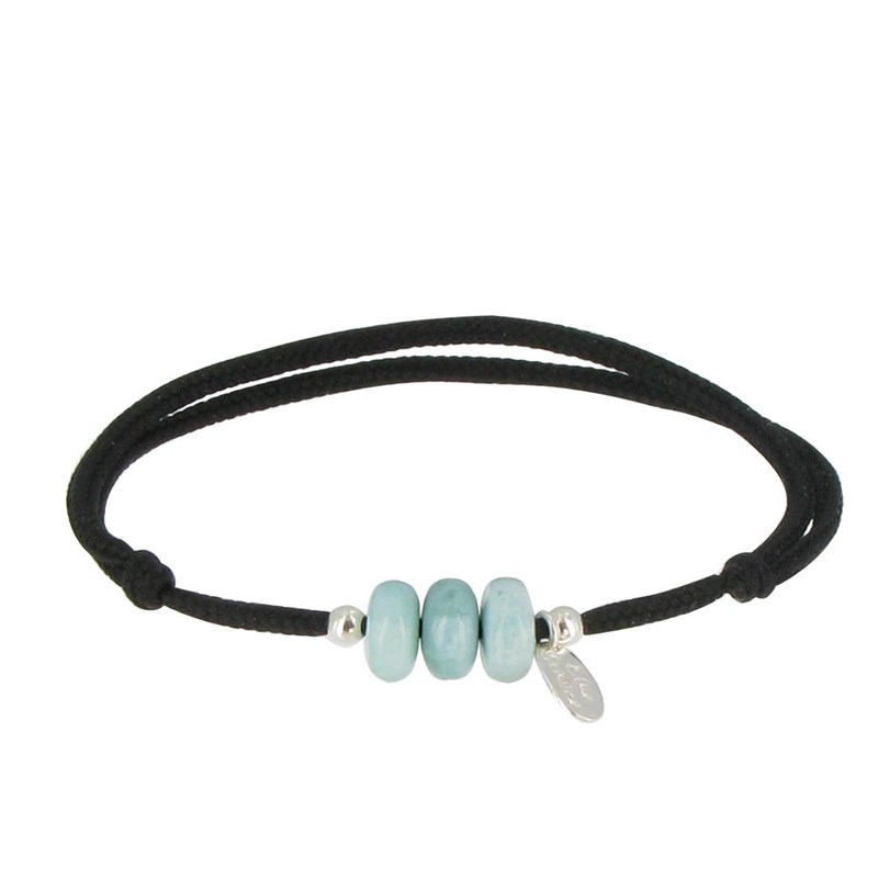 Bracelet Lien Noir 3 Anneaux de Larimar et Deux Perles Argent