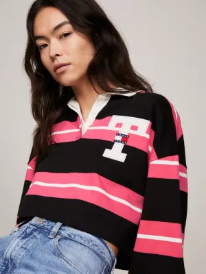 Polo de rugby listrada cropped estilo colegial em tecido atoalhado