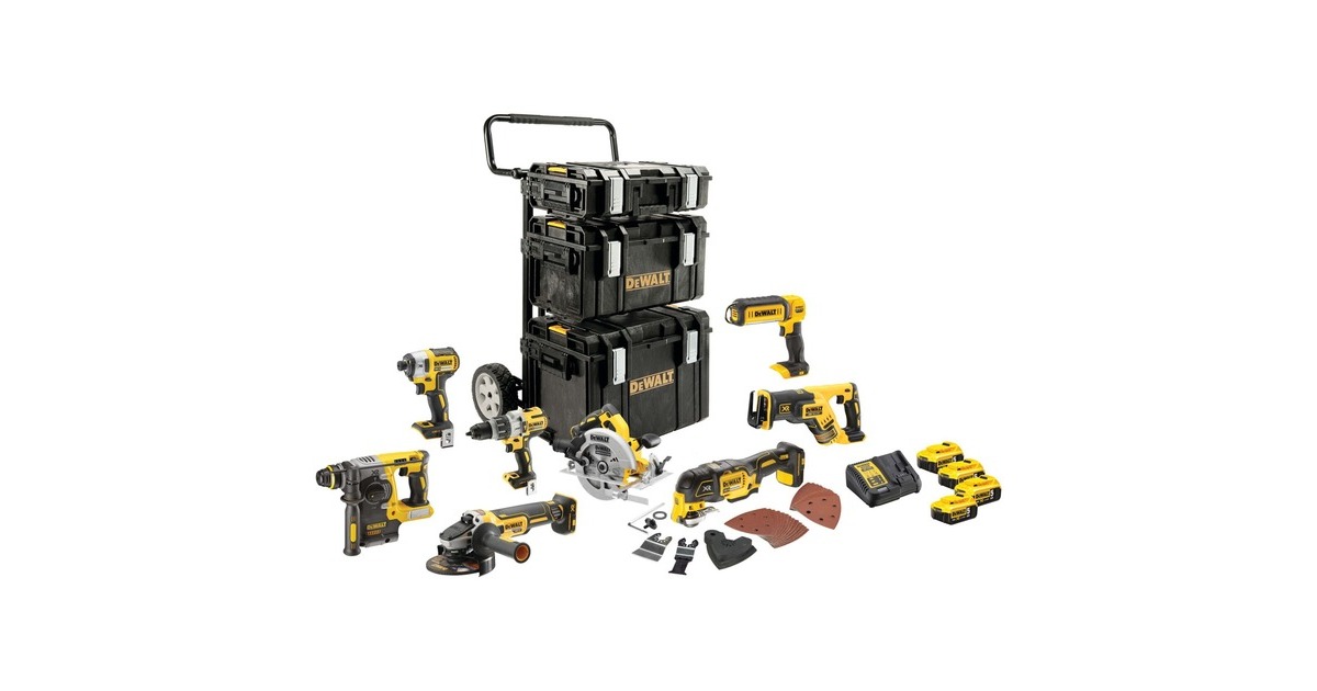 DEWALT18V XR 8-Delige voordeelset DCK853P4-QW gereedschapsset  (Geel/zwart, 8x Accu gereedschap, 4× 5.0Ah accu’s en lader, Trolley)