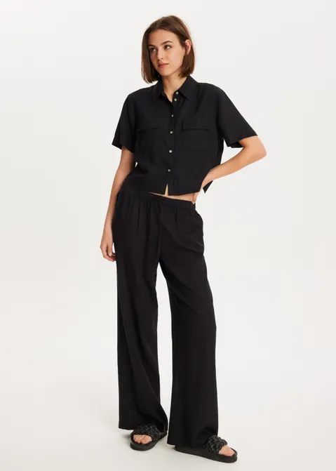 Linnen mix korte mouwen blouse zwart (ZWART)
