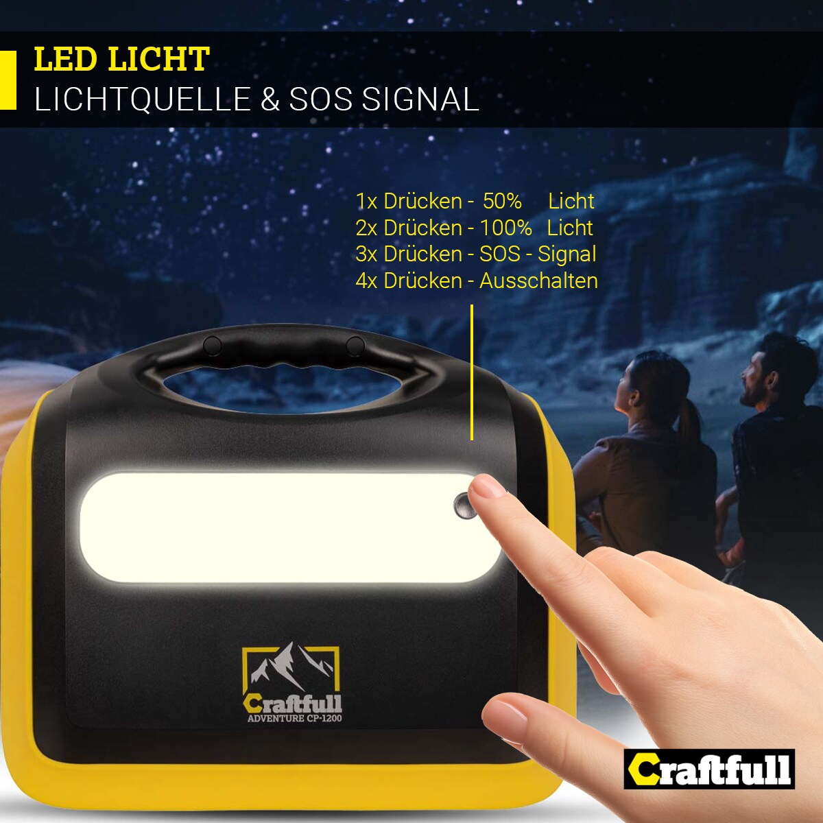 Craftfull Powerstation Adventure CP-600, 595 Wh, 600 Watt, tragbar, Lithium-Akku, Steckdose, USB (Schwarz/Gelb)