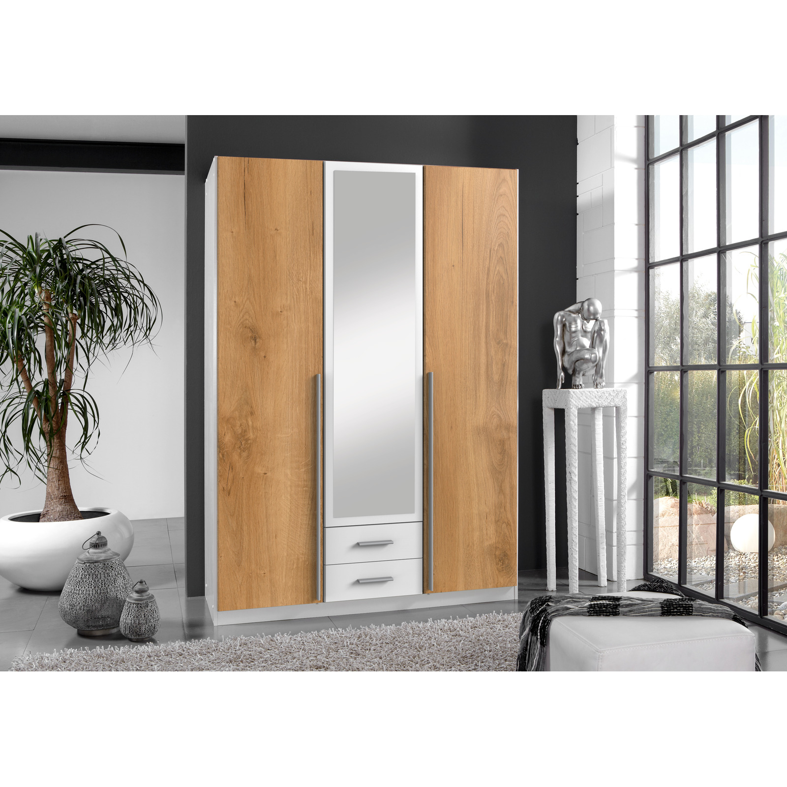 Drehtürenschrank Kuga, Dekor weiss/Plankeneiche, 135 x 197 x 58 cm, mit Spiegel