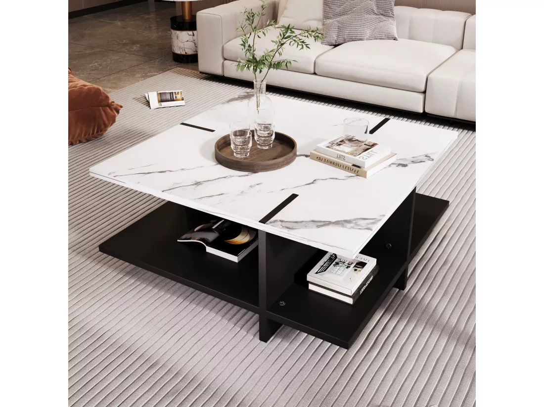 Table basse carrée avec compartiment de rangement ouvert - 72 x 72 x 32 cm - bois MDF - blanc et noir