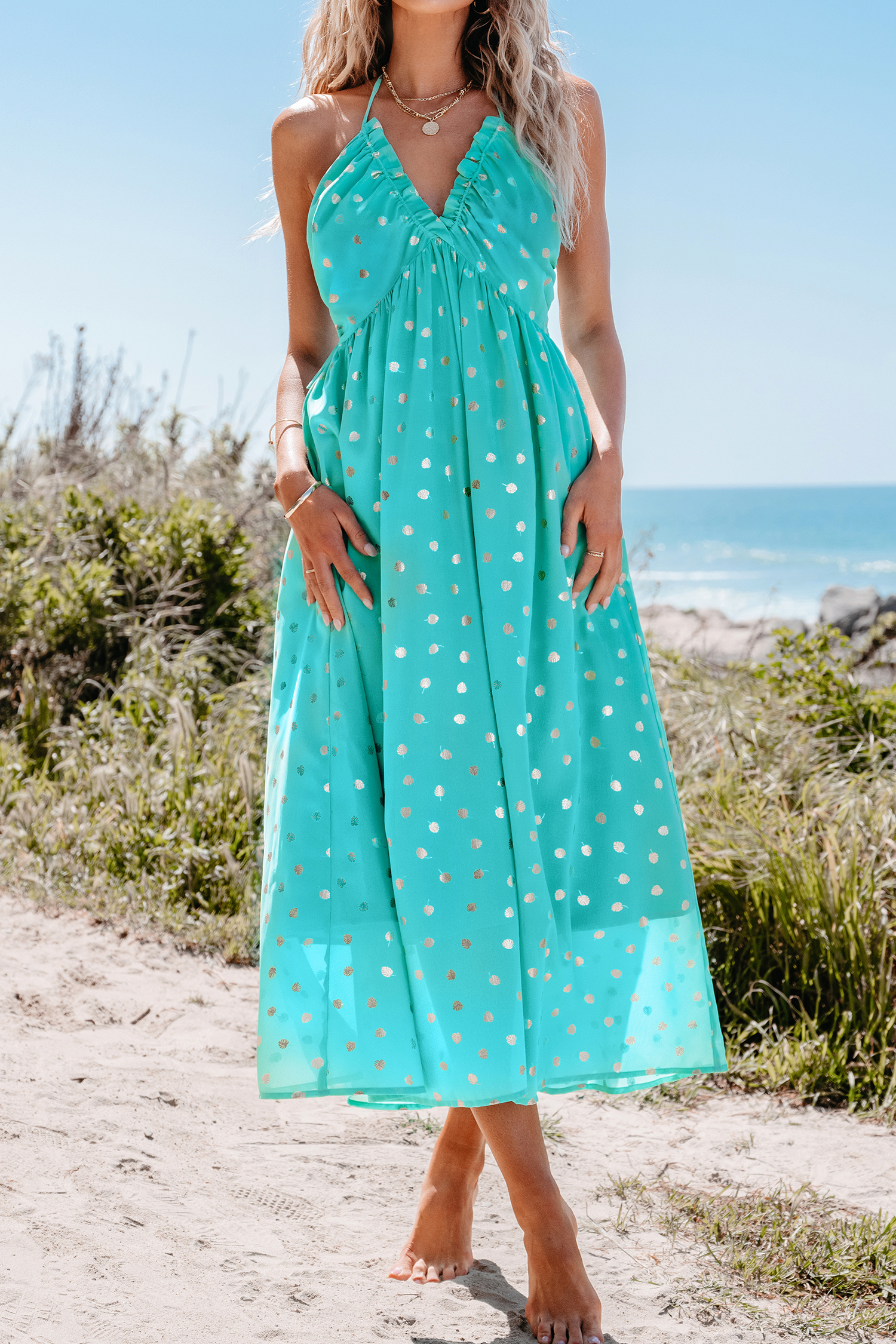 Robe midi à col licou et pois de couleur menthe