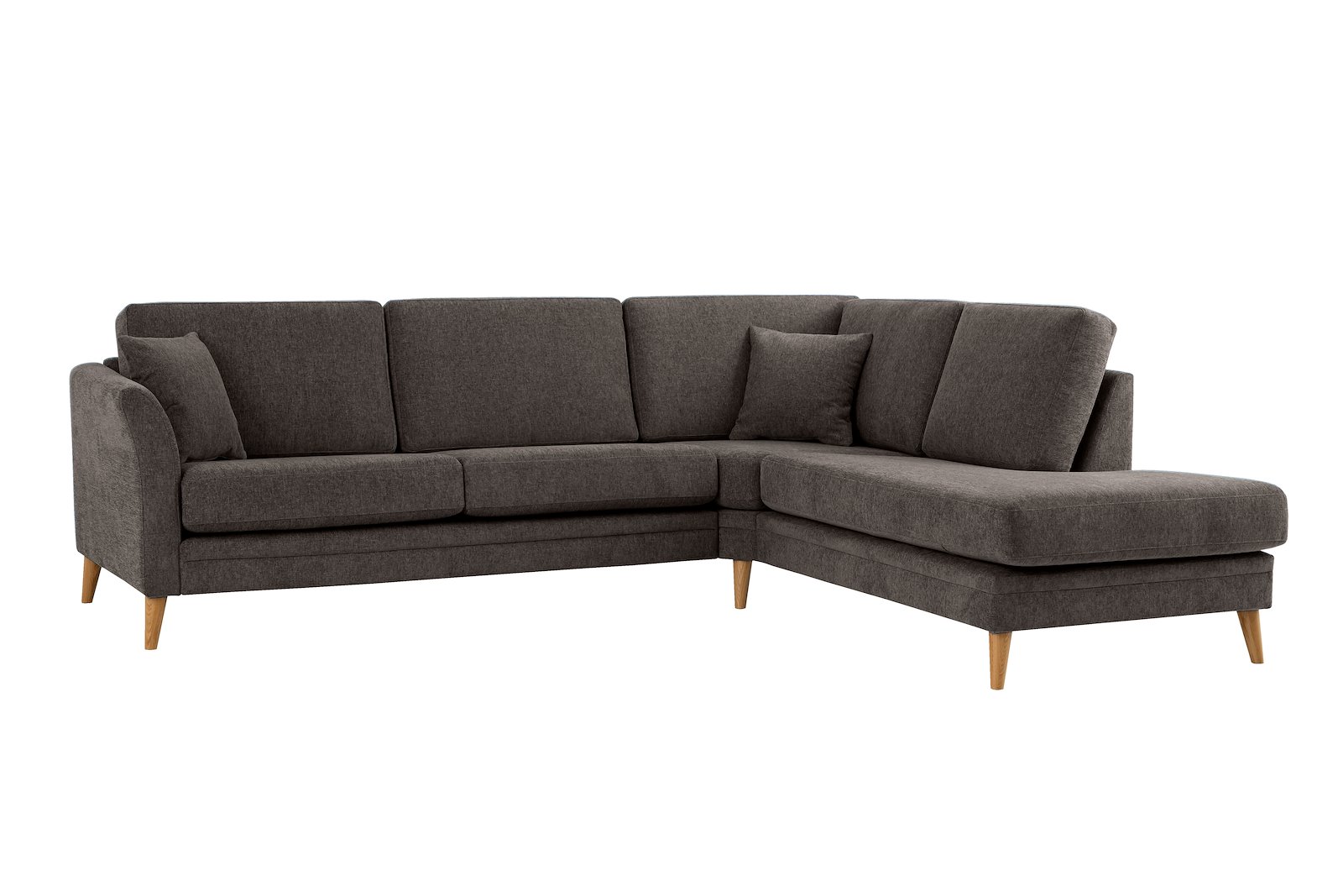 Eden hjørnesofa 2,5-seter med åpen ende høyre. Tekstil Thor 5 Brown med ben i eik natur (15137).
