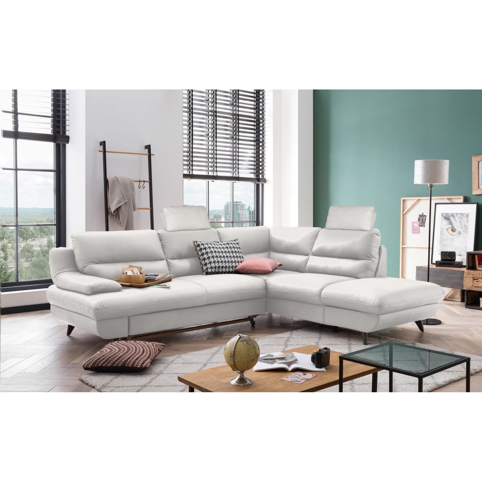 Ecksofa Pike Leder, Ottomane rechts bianco