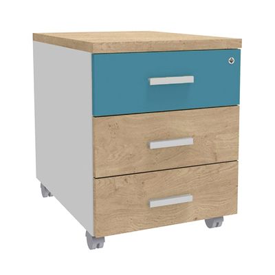 Caisson mobile INEO JET UP Bureau Vallée - L43 x H56 x P60 cm - 3 Tiroirs - façade imitation chêne clair et bleu argile
