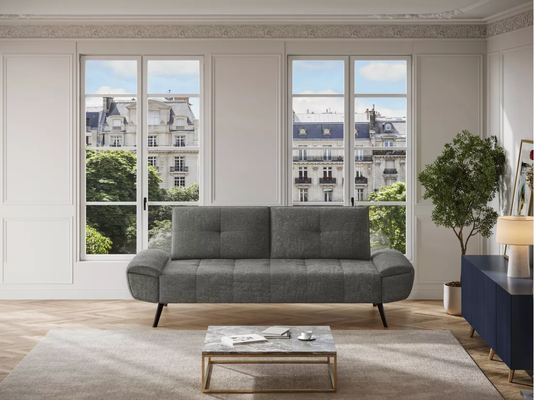 Canapé 3 places en tissu texturé gris avec dossier avance-recule KELOPA