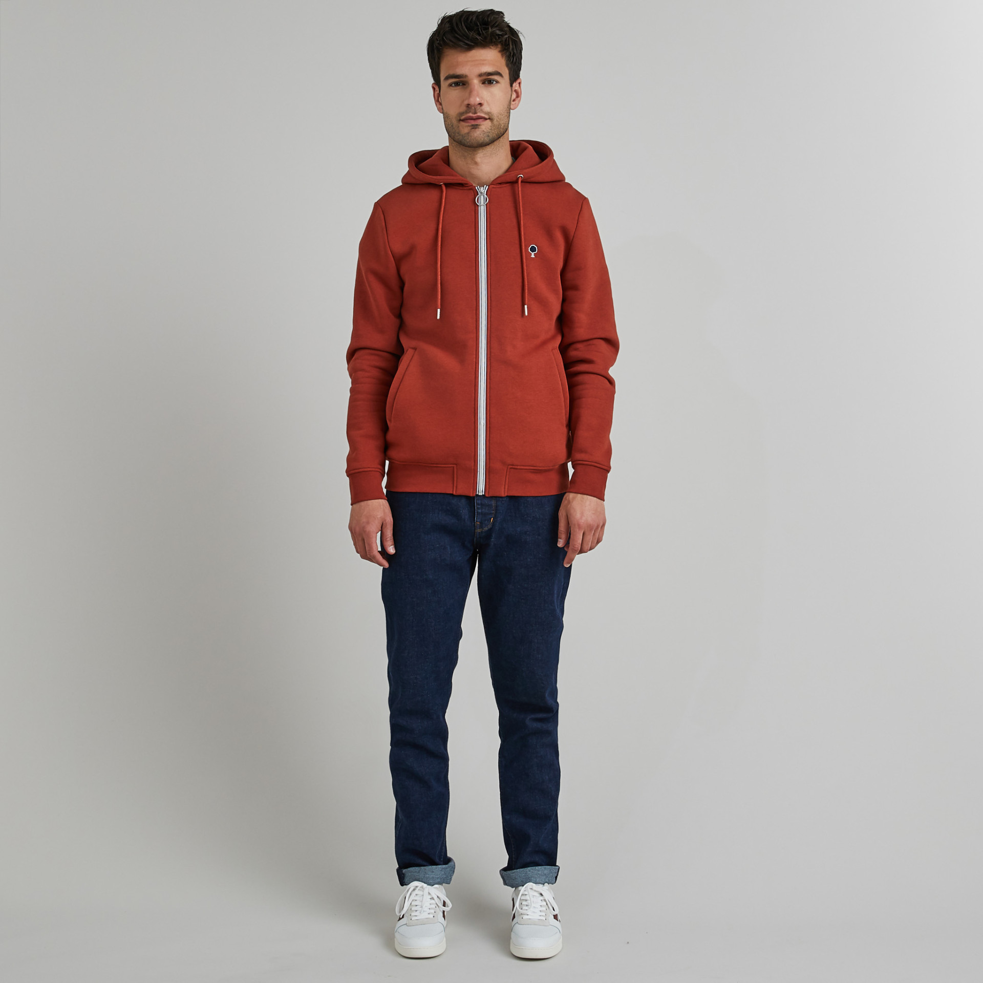 Sweat à capuche zippé rouge coton et polyester recyclé - modèle Mesnil