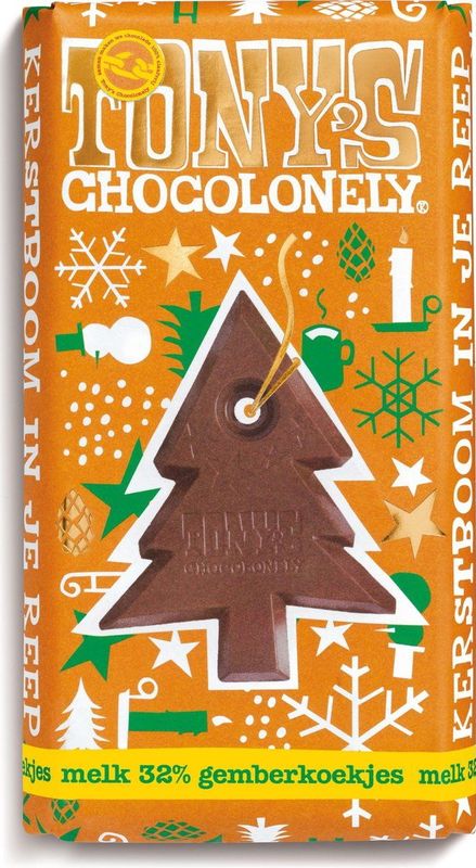 Tony's Chocolonely - Kerstboom Chocolade Reep - Melkchocolade met Gemberkoekjes - 1 x 180 Gram Fairtrade Belgische Chocola