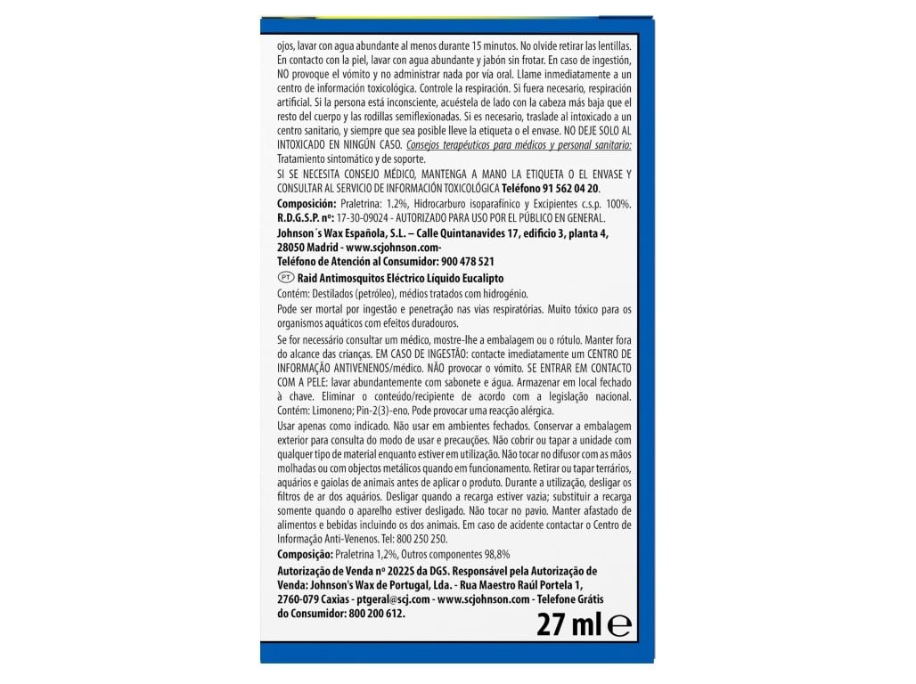 INSECTICIDA ELÉCTRICO RECARGA RAID EUCALIPTO 27ML