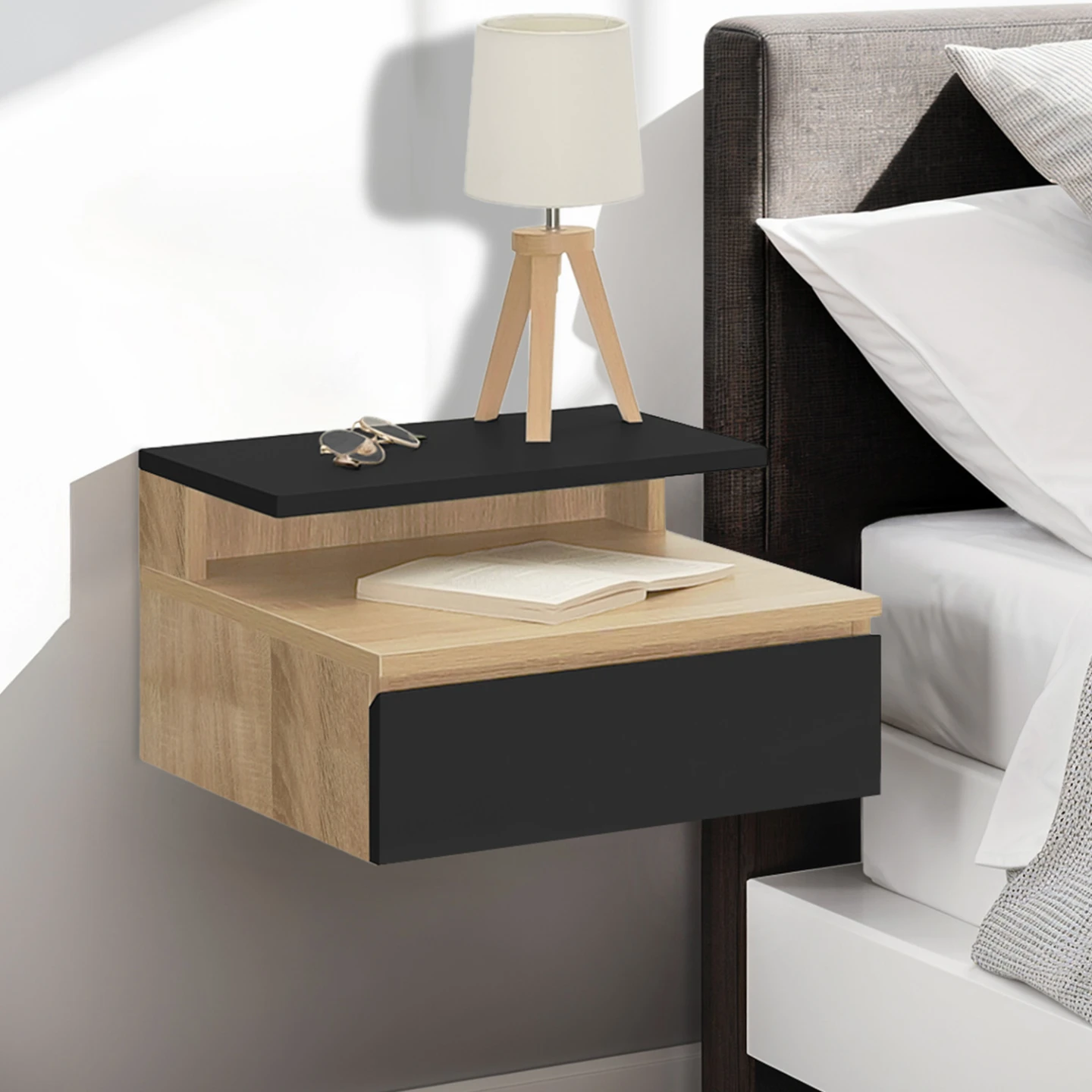 Lot de 2 tables de chevet murales TOMI 1 tiroir + 1 tablette étagère suspendue + 1 tablette façon hêtre et noir