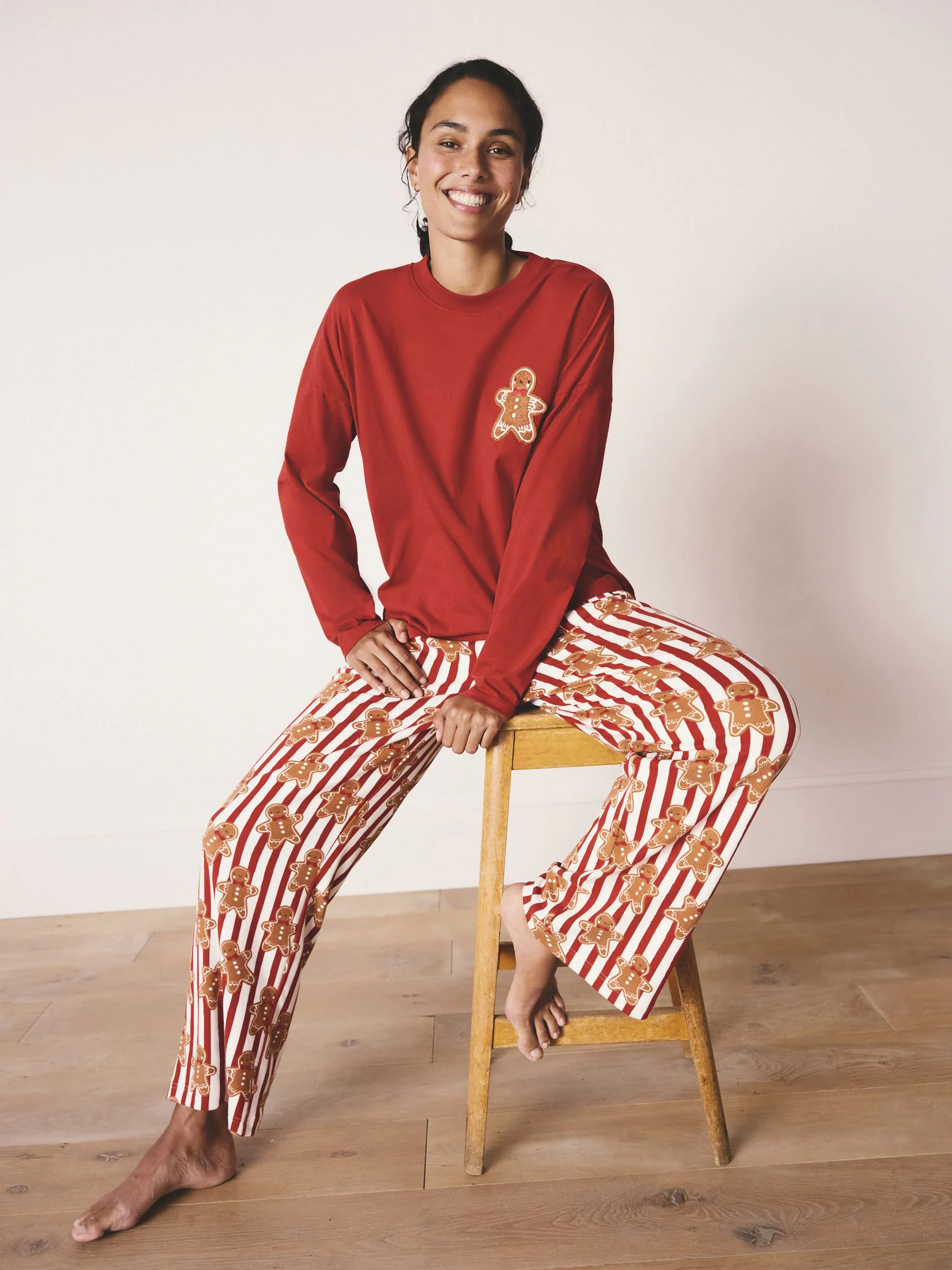 Rood met peperkoekprint - Bijpassende familie Kerstmis Pyjama's met Lange mouwen