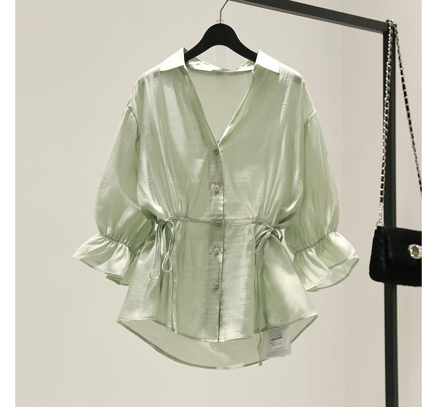 Supernova - effen peplum-overhemd met pofmouwen