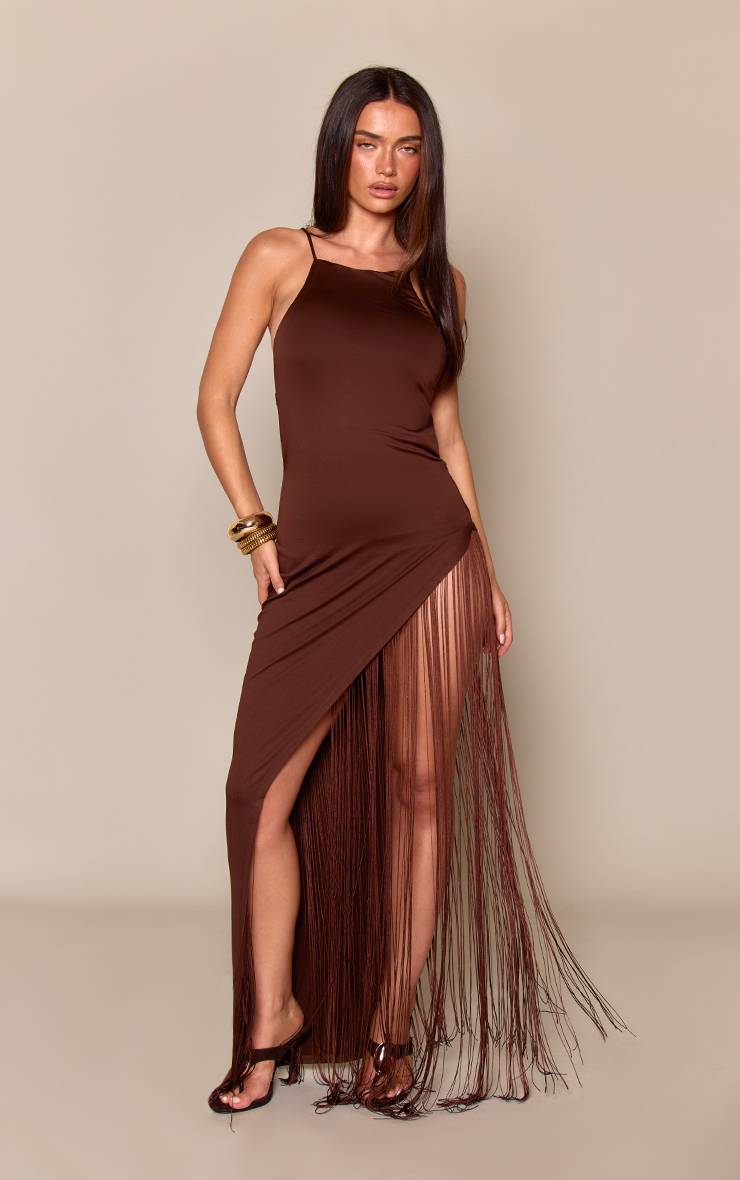 Chocolat Robe Longue Asymétrique Tissée À Franges Avec Fente Latérale