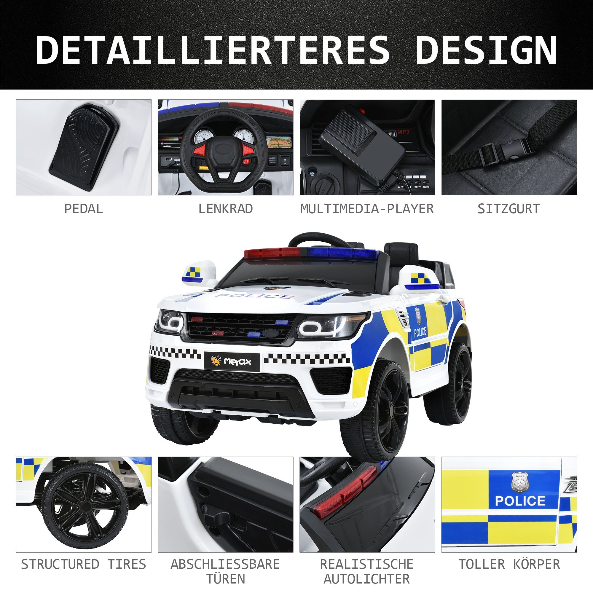 Carrinho elétrico infantil Merax com USB, AUX e Bluetooth, incluindo controle remoto, capacidade de carga de 30 kg, carro de polícia elétrico, carrinho infantil.