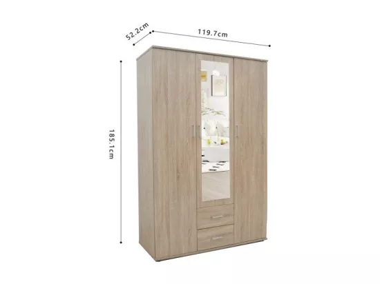 Armoire, garde-robe, avec miroir collection TOM, 3 portes 120 cm, penderie intégrée chêne sonoma