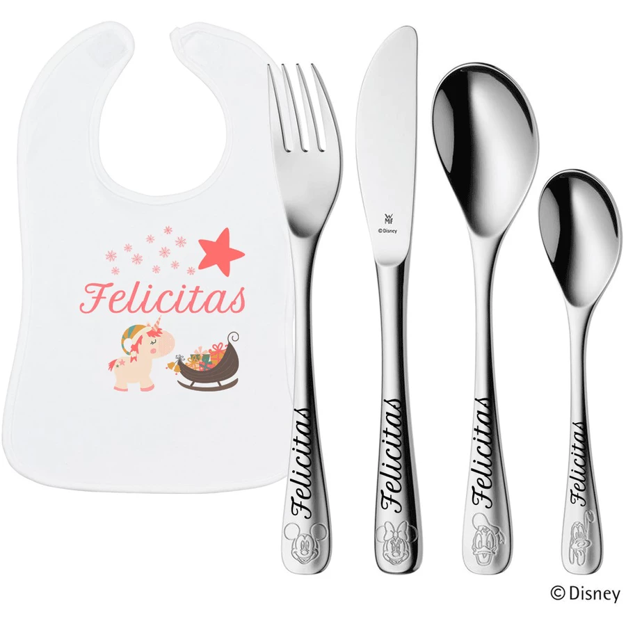Schnullireich Geschenkset mit Namen WMF Kinderbesteck Mickey & Friends + Lätzchen Einhorn Silber