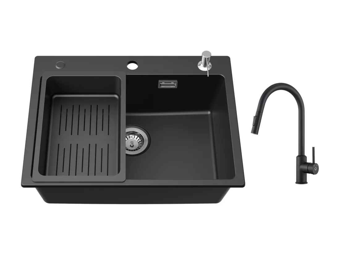 Cecipa max Evier en Quartz 60*45cm, avec Panier de Vidange et Distributeur de Savon Gratuits + Mitigeur de Cuisine avec Douchette Extractible Noir