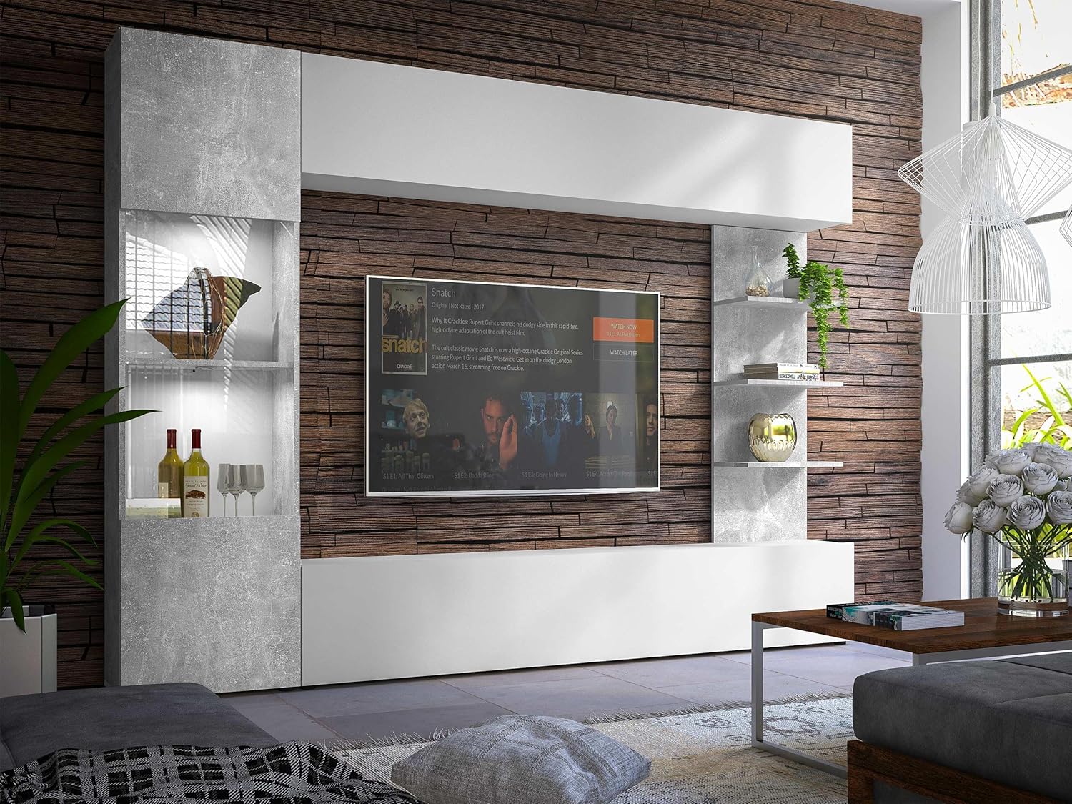 Mirjan24 Wohnwand Lazando, Anbauwand, Mediawand, Schrankwand bestehend aus Hängeschrank, Vitrine, TV-Lowboard und Wandregal (Weiß/Beton, mit weißer LED Beleuchtung)