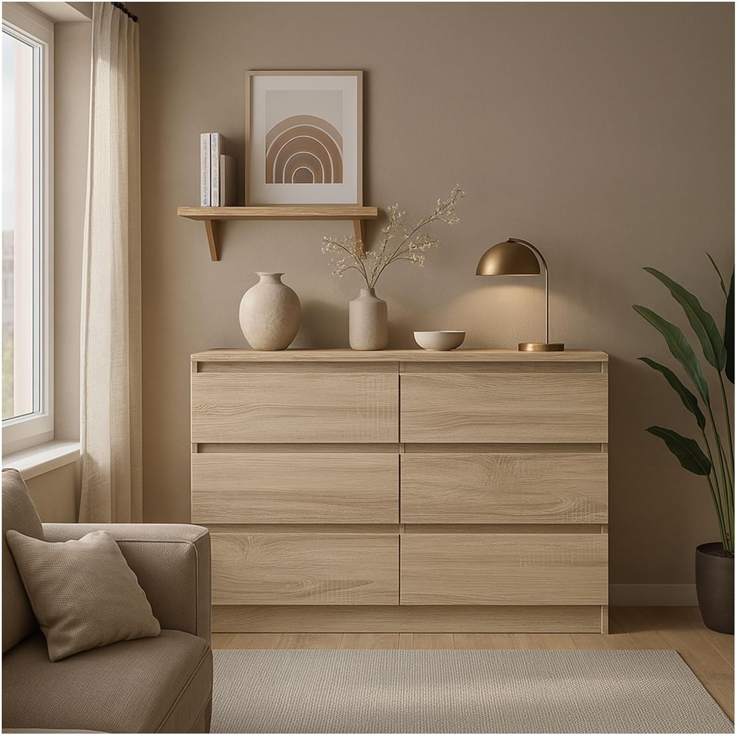 CDF Kommode Eiche Sonoma mit 6 Schubladen 30 cm Tief Komodenschrank Komode für Wohnzimmer Schlafzimmer Schubladenschrank Malm Kommode viel Stauraum Geeignet Organizer Kleidung 120cm Breite Modern Look