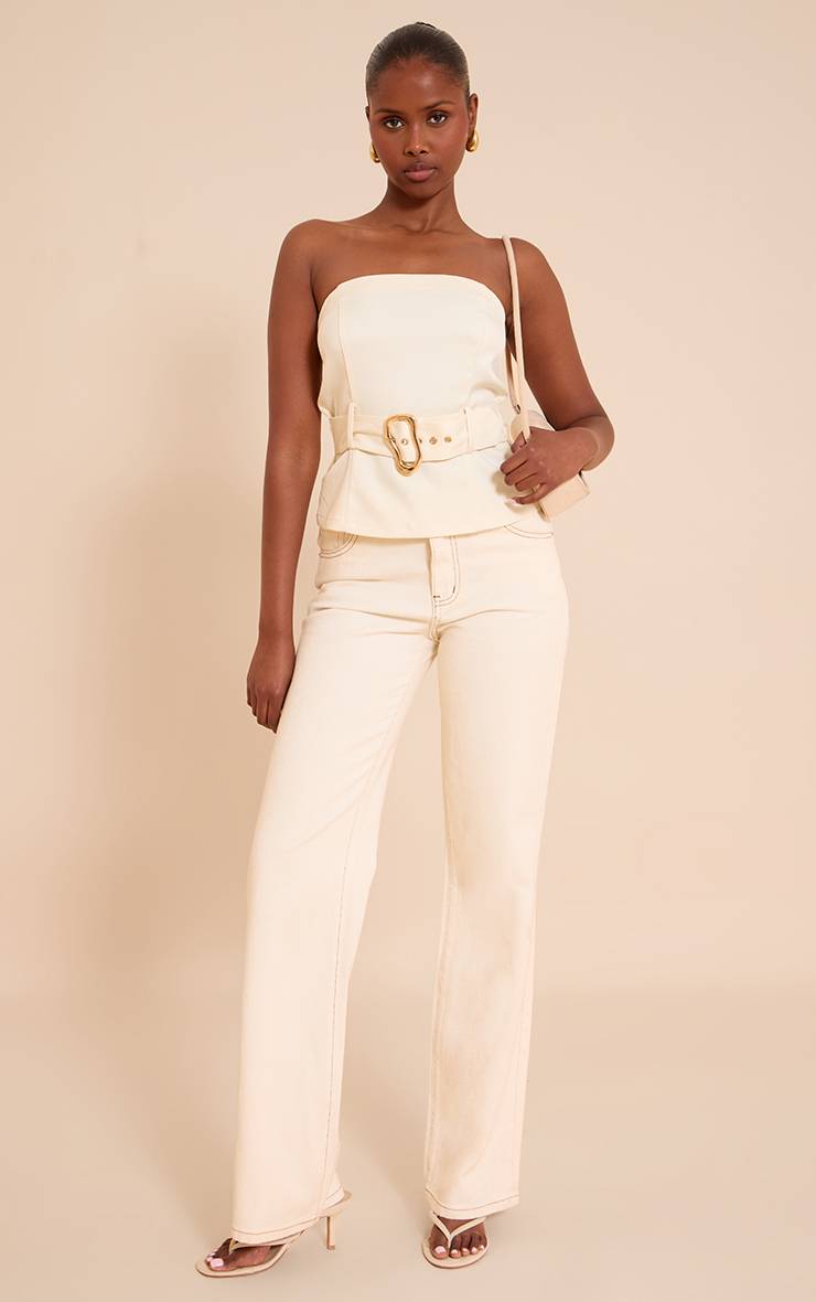 Crème Top Bandeau Tissé Avec Ceinture Et Détails Contrastants