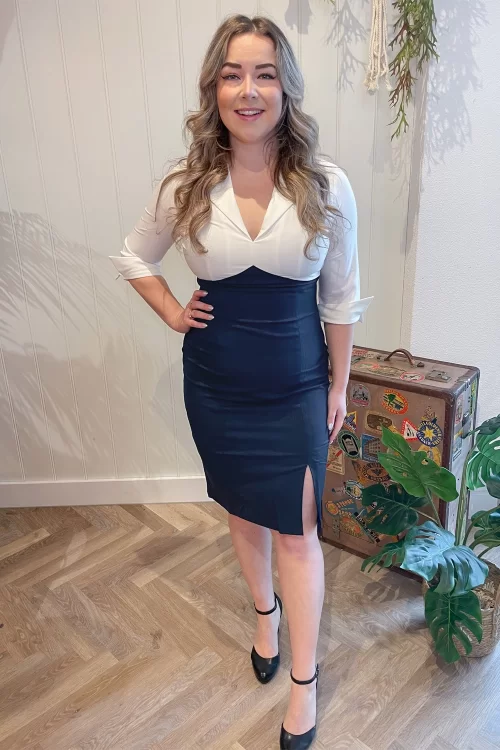 Glamour Bunny Business Babe Dianne pencil jurk in wit en marineblauw
