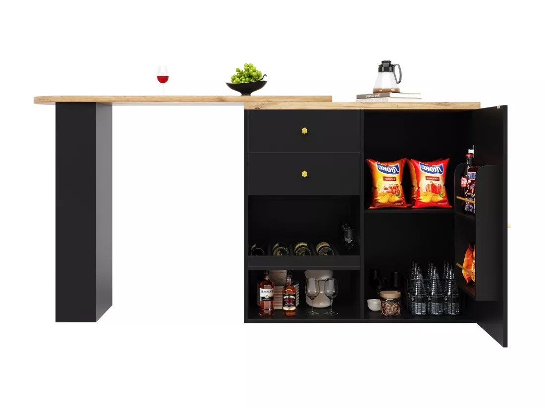 Buffet、Meuble de bar pivotant et escamotable - 2 tiroirs et 6 compartiments - Noir