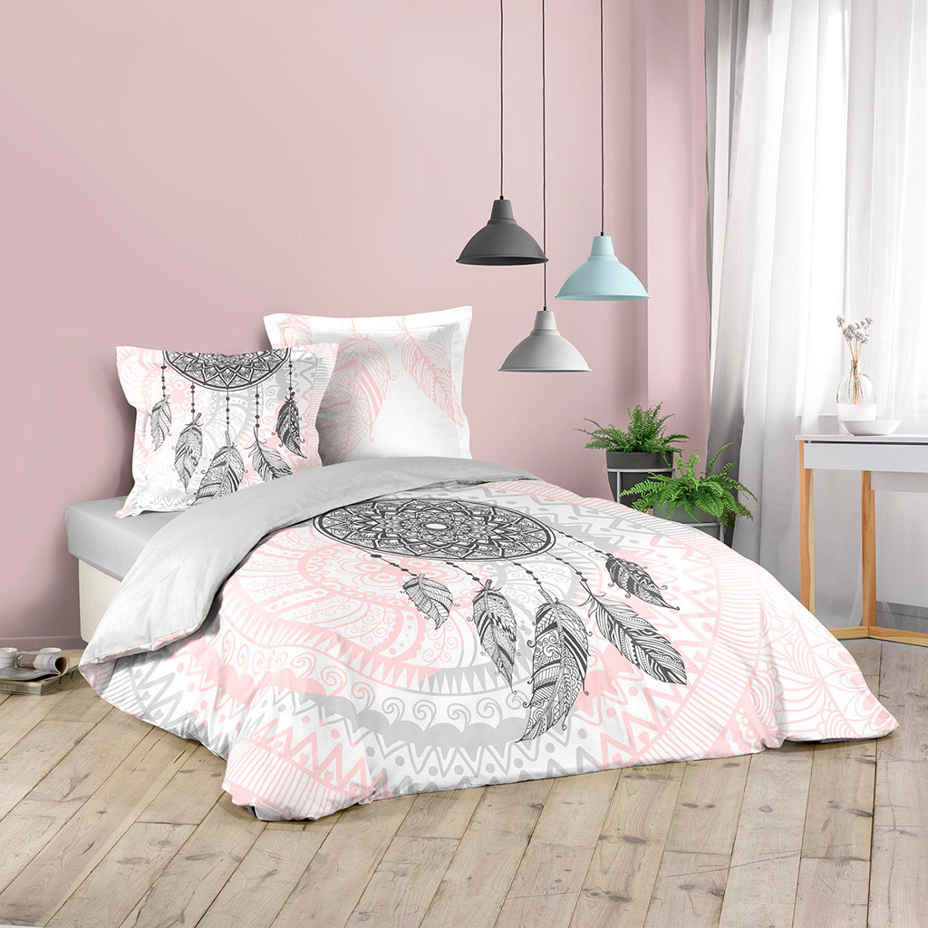 Parure housse de couette coton attrapes-rêves gris, blanc et rose 200x200cm