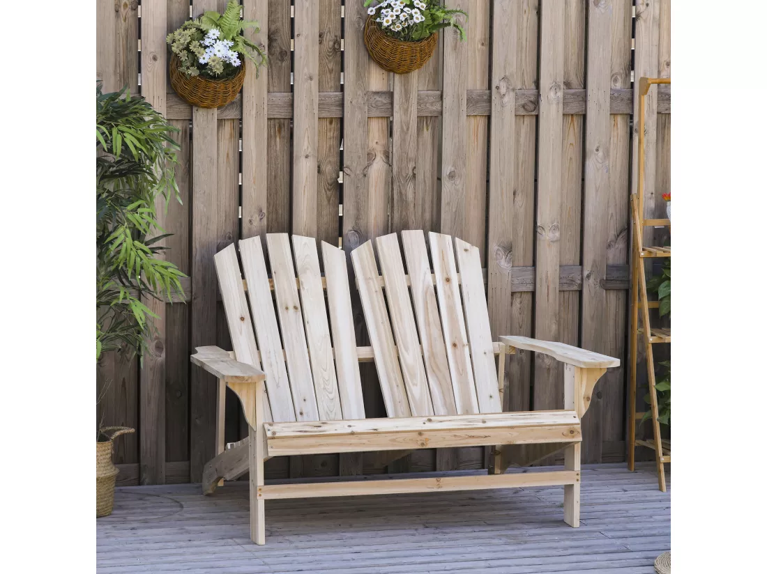 Banc de jardin 2 places design Adirondack assise dossier à lattes larges accoudoirs bois naturel pin lasuré