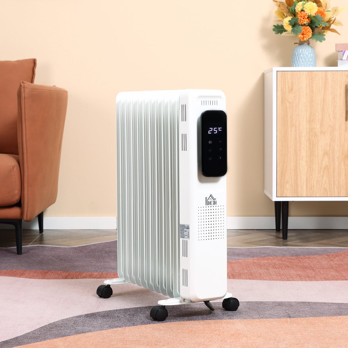HOMCOM Draagbare elektrische olieradiator, 2500W, 3 warmtestanden, 24-uurs timer, 11 verwarmingspanelen met 4 wielen, wit staal, 50,5 x 24 x 63 cm