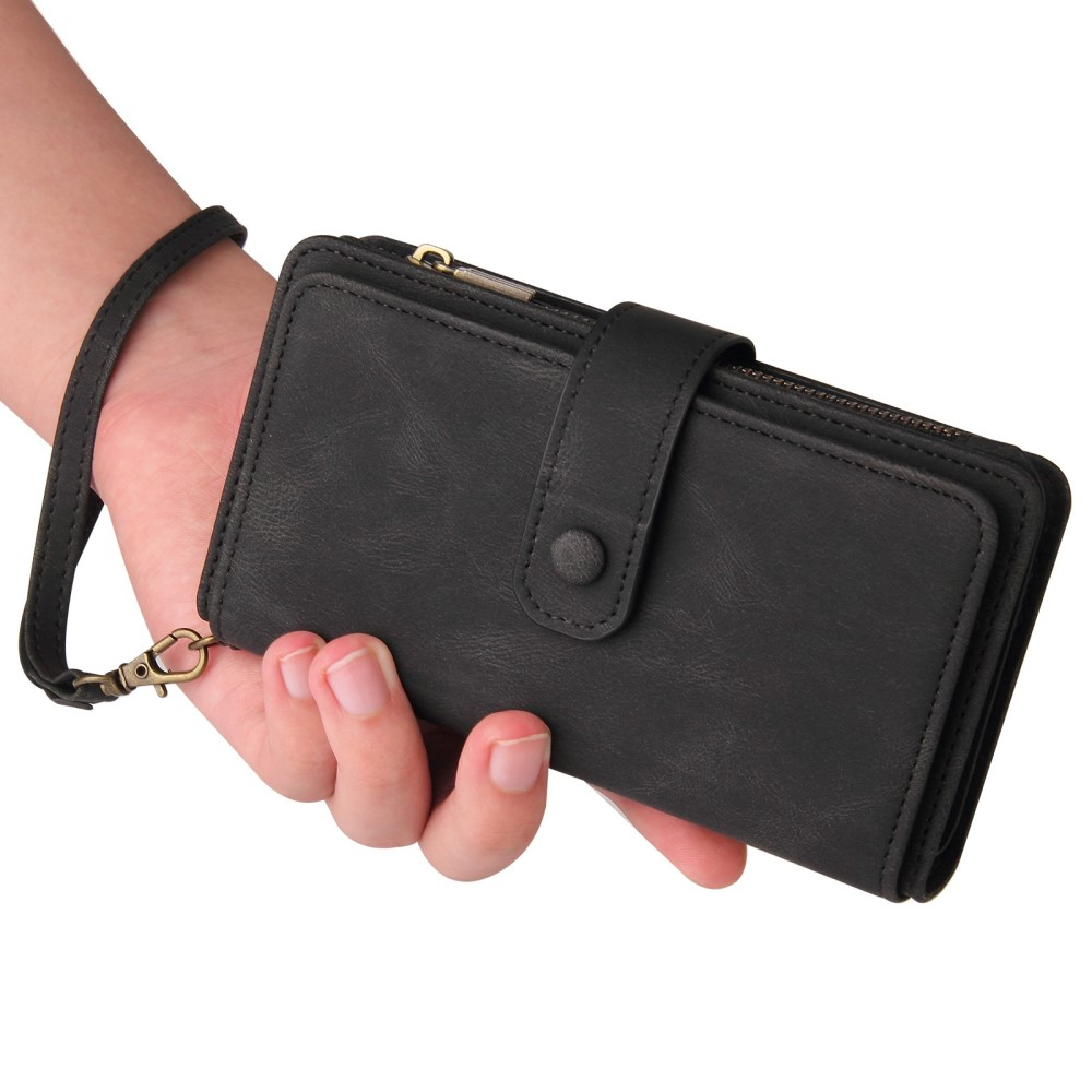iPhone 14 Leder Wallet Etui Tasche mit 13 Kartenfächern   Münzfach - Schwarz