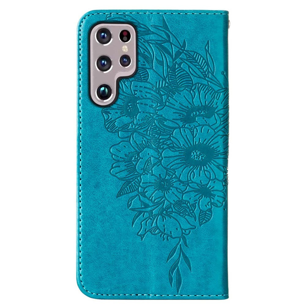 Samsung Galaxy S23 Ultra 5G Leder Tasche Flip Cover Schmetterlinge Imprint - Blau