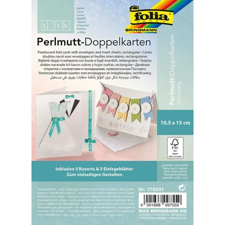 Folia Perlmutt Doppelkarten, ca. 10,5 x 15 cm, 250 g/qm, 5er Set, perlweiß