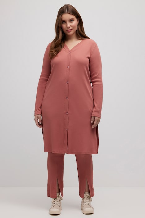 Long-Shirtjacke, Rippjersey, V-Ausschnitt, Biobaumwolle