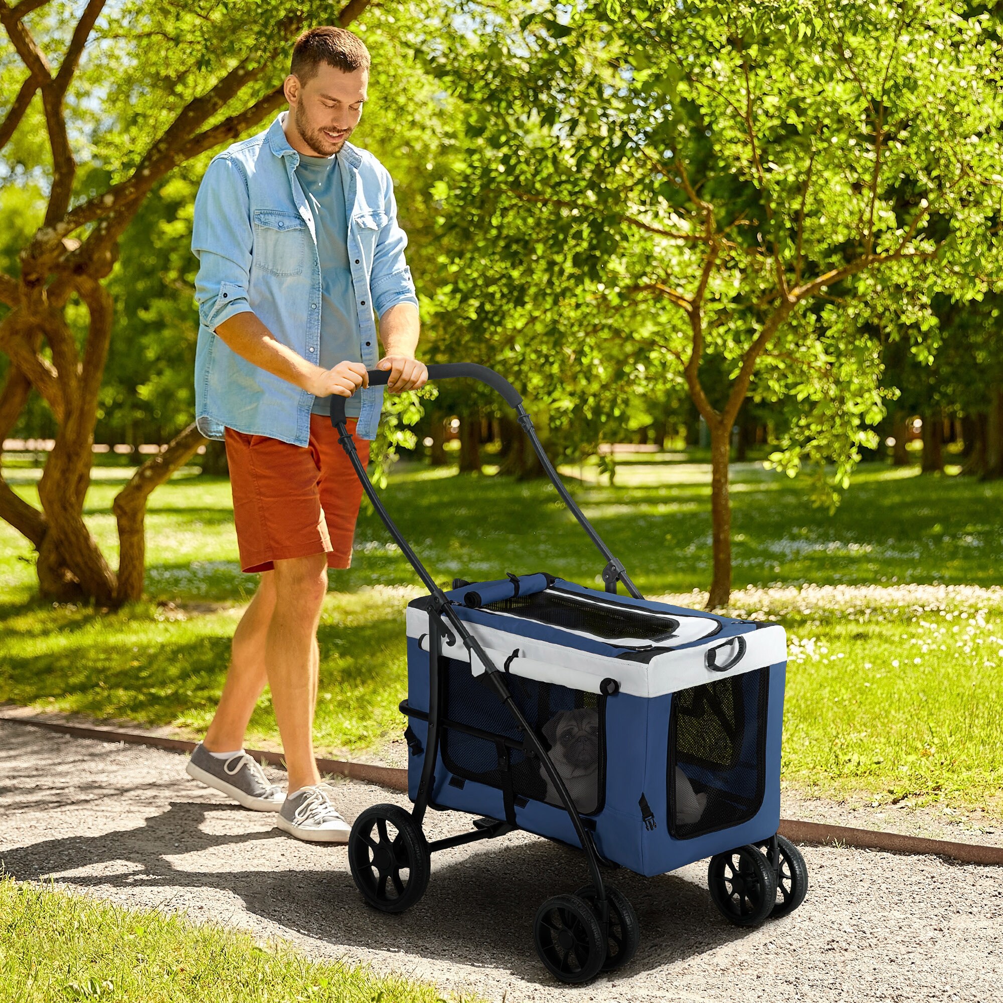 PawHut Hundebuggy mit Klappmechanismus blau 81L x 58B x 97,5H cm