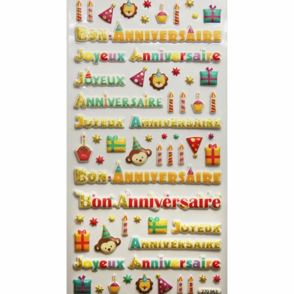 Autocollants réutilisables - relief 3d - 'joyeux anniversaire' - paillettes dorées