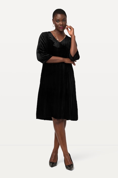 Samt-Midikleid, A-Linie, Crashsamt, V-Ausschnitt, 3/4-Arm