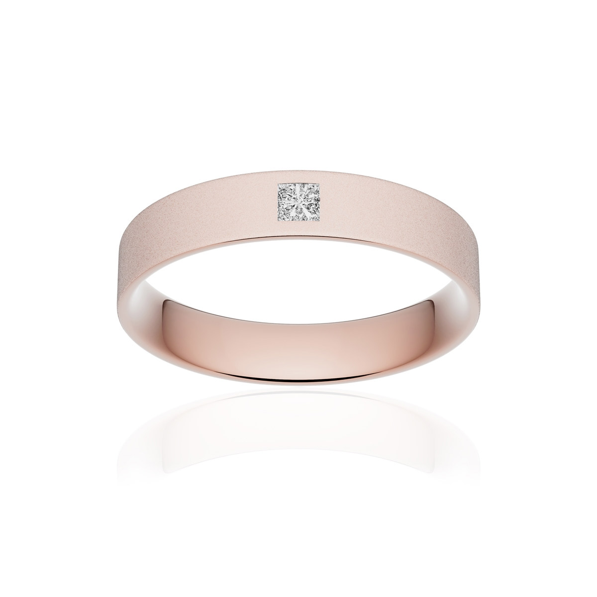 Alliance or 375 rose sablé ruban plat confort 4mm diamant princesse
