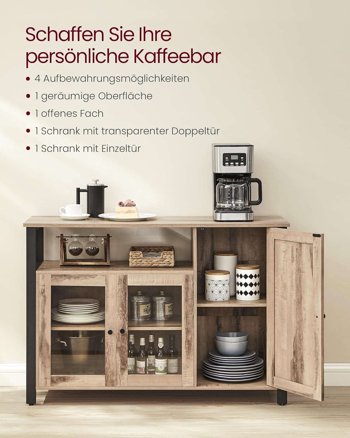 VASAGLE Sideboard, Küchenschrank, Aufbewahrungsschrank, mit 3 Türen, für Wohnzimmer, Küche, Esszimmer, 33 x 110 x 75 cm, Landhausstil, eichenbraun-schwarz LSC096B50