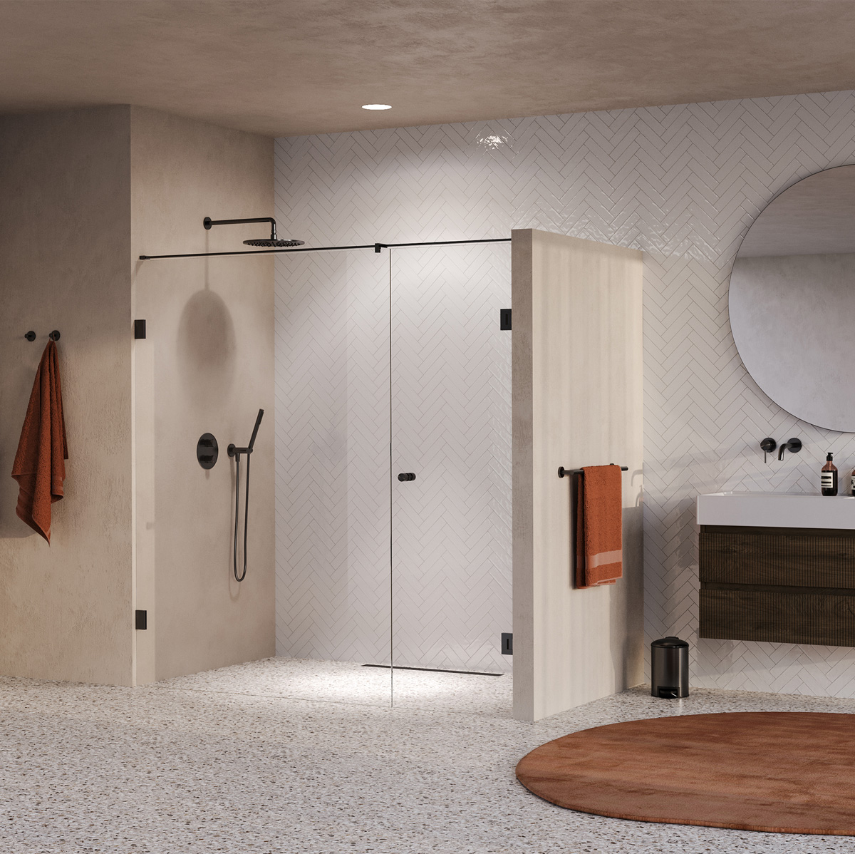 Brauer Void Carving profielloze nisdeur 200cm met draaideur 70cm aan muur gunmetal geborsteld PVD