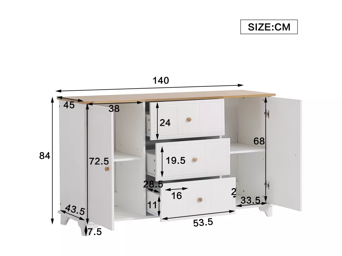 Commode moderne - 3 tiroirs et étagères réglables - en MDF et panneaux de particules - Blanc & Naturel
