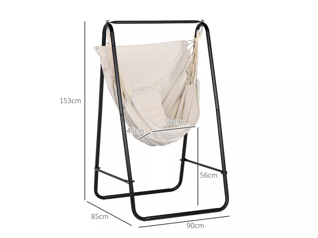 Chaise suspendue de jardin avec support et coussin acier noir coton beige