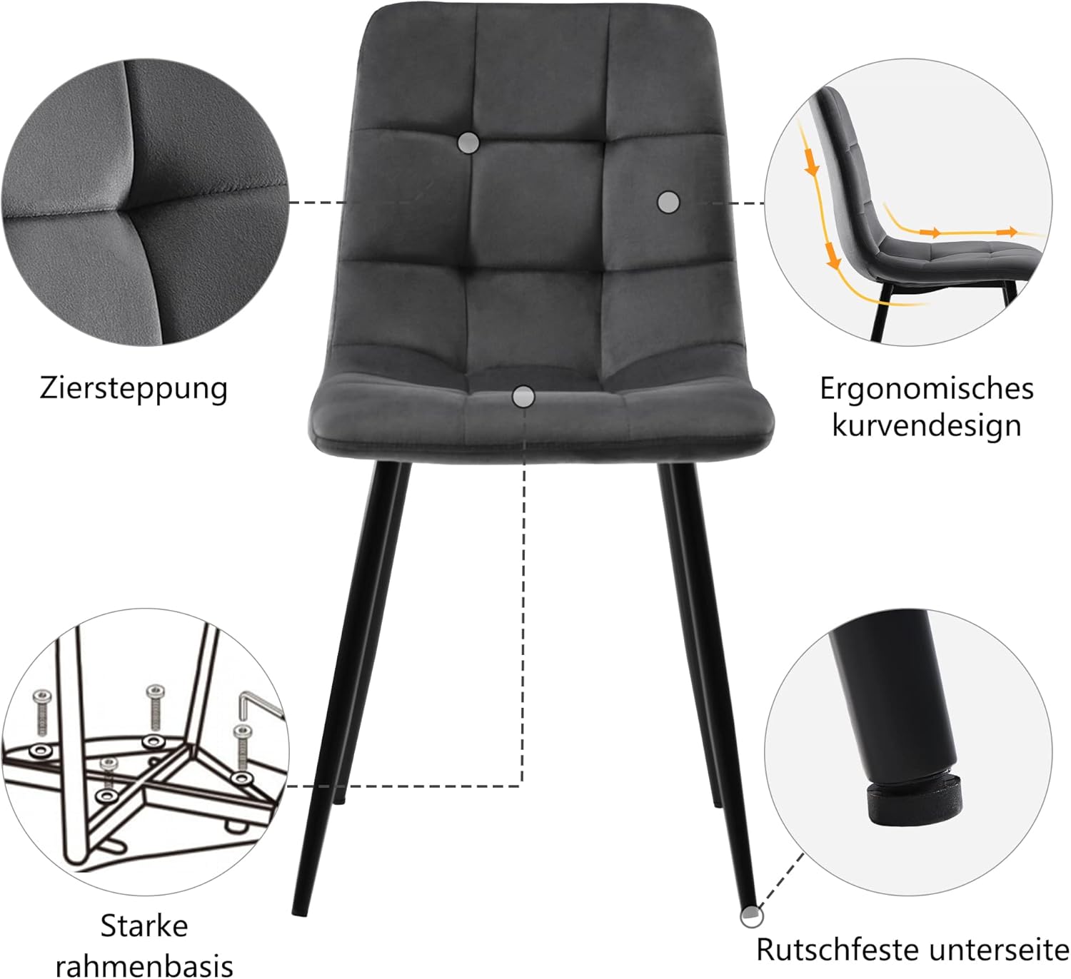 HAUSPROFI Esstisch Set mit 4 Stühlen, Rechteckig Küche Esstisch Sitzgruppe, Modern Design Holzmöbel Esszimmergruppe für Wohnzimmer Küche Büro (Grau + Schwarz, Samt, 140x80x74cm)