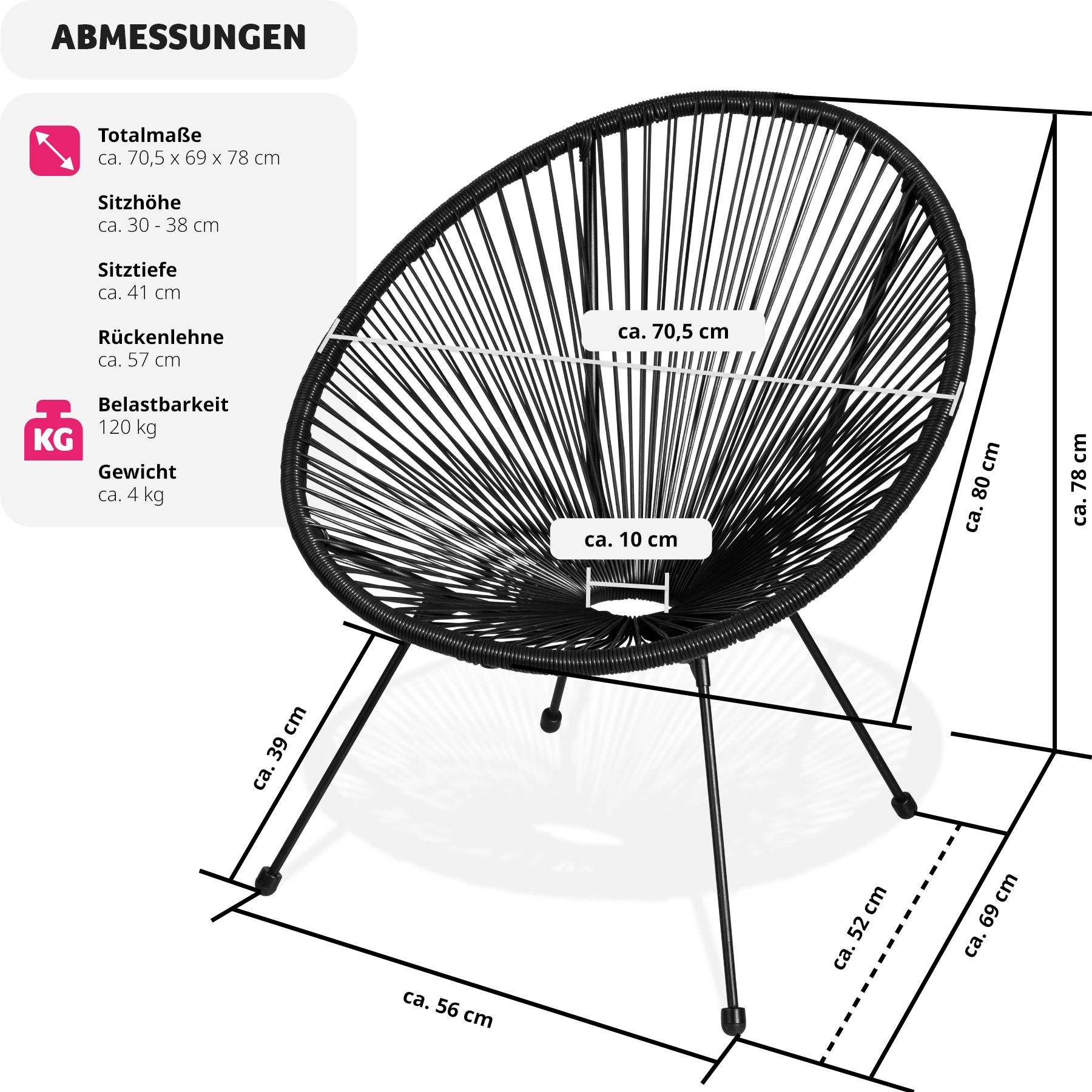 tectake® 2er Set Gartenstuhl, Retro-Design im Acapulco-Stil, filigranes Gestell, Belastbarkeit 120 kg, 70,5 x 69 x 78 cm
