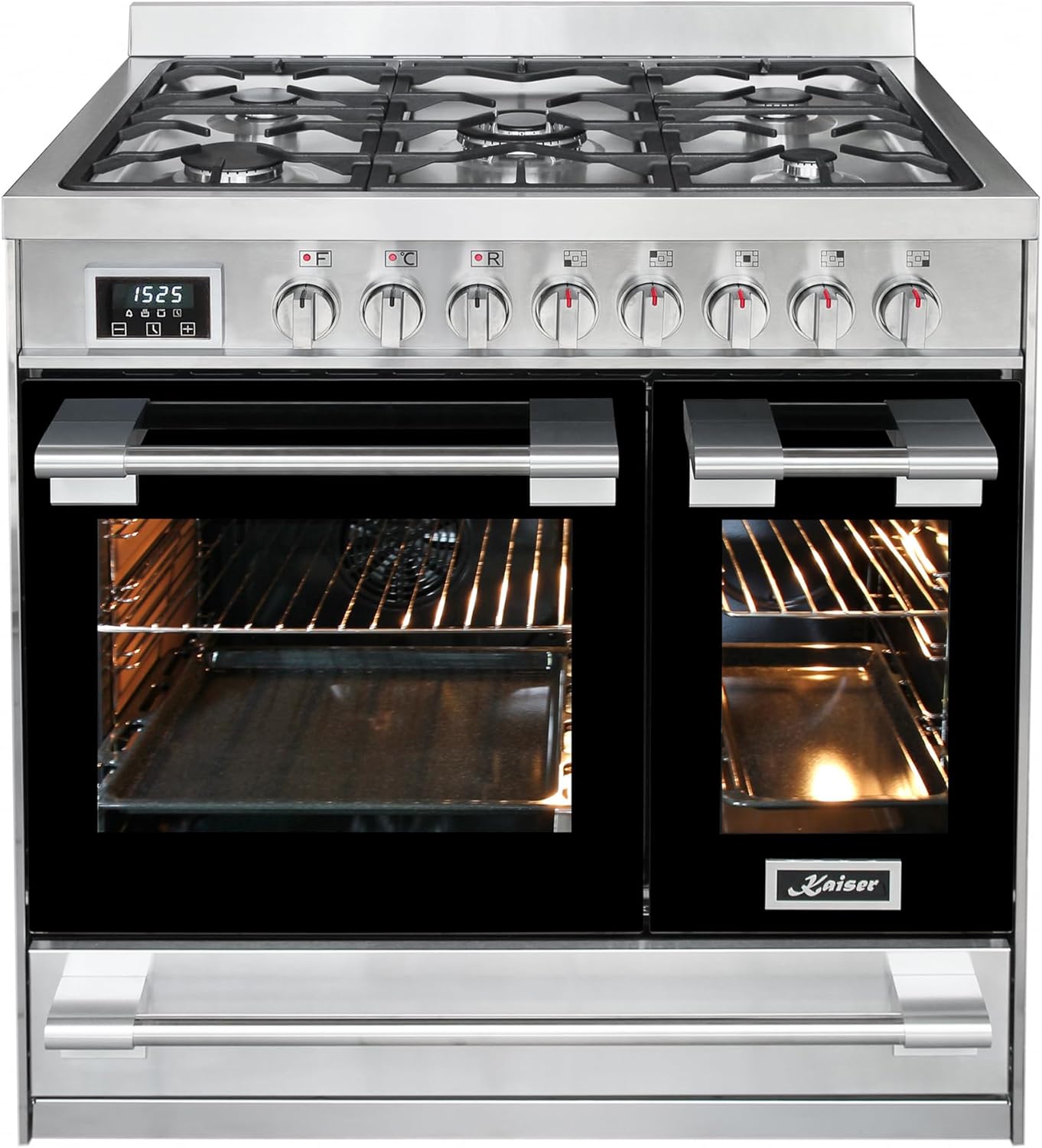 Kaiser Premium Herd HGE 93201 R Gasherd 90 cm Edelstahl • Doppel-Elektrobackofen 115 L • 5 Gasbrenner mit 3,7 kW WOK • Erdgas/Propangas Range Coocker • 8 Funktionen • Selbstreinigung • Anti-Touch